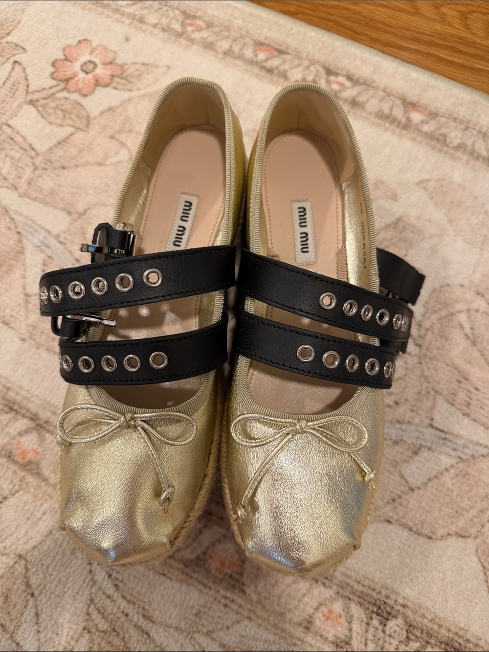 Miu Miu Gold Leather Ballet Flats with Black Double Studded Straps